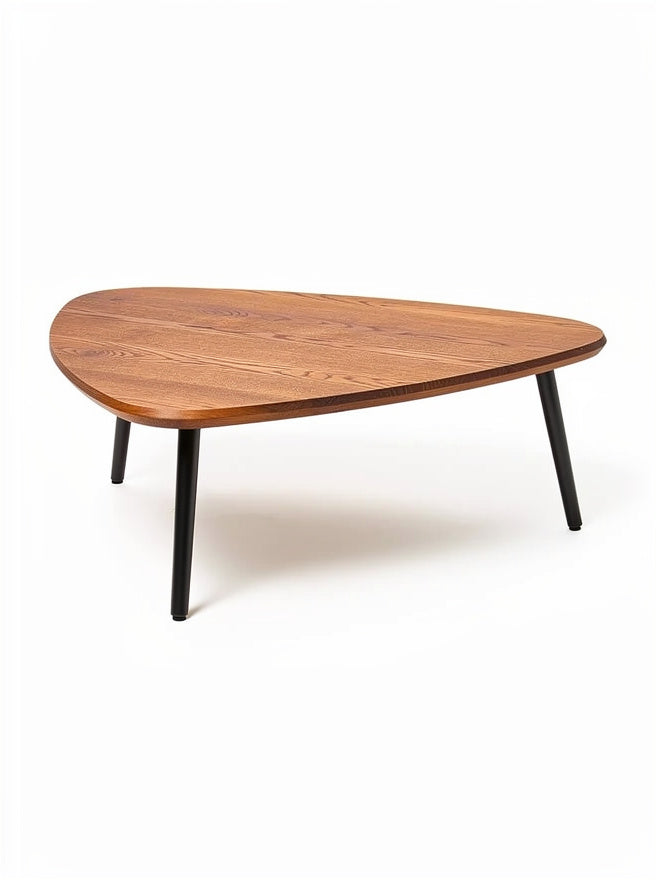Moderne, dreieckige Kaffeetisch aus Holz mit Metallbeinen**