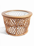 Rundes Glas- und Rattan-Couchtisch-Design**