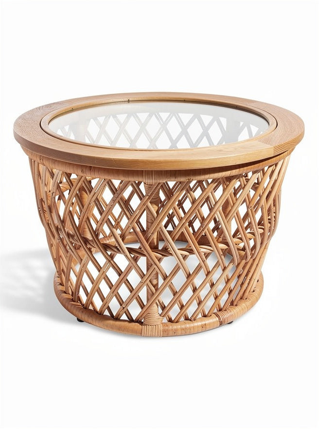 Rundes Glas- und Rattan-Couchtisch-Design**
