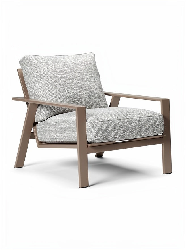 **Moderner Lounge-Stuhl mit grauem Polster und robustem Gestell**