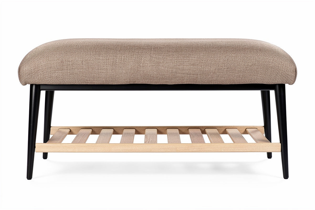 ** Sitzbank mit gepolstertem Bezug und Unterregal aus Holz