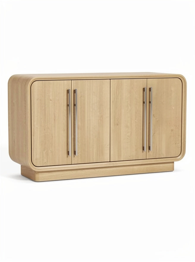 ** **Moderner Holzschrank mit gerillte Oberfläche und Edelstahlgriffen**